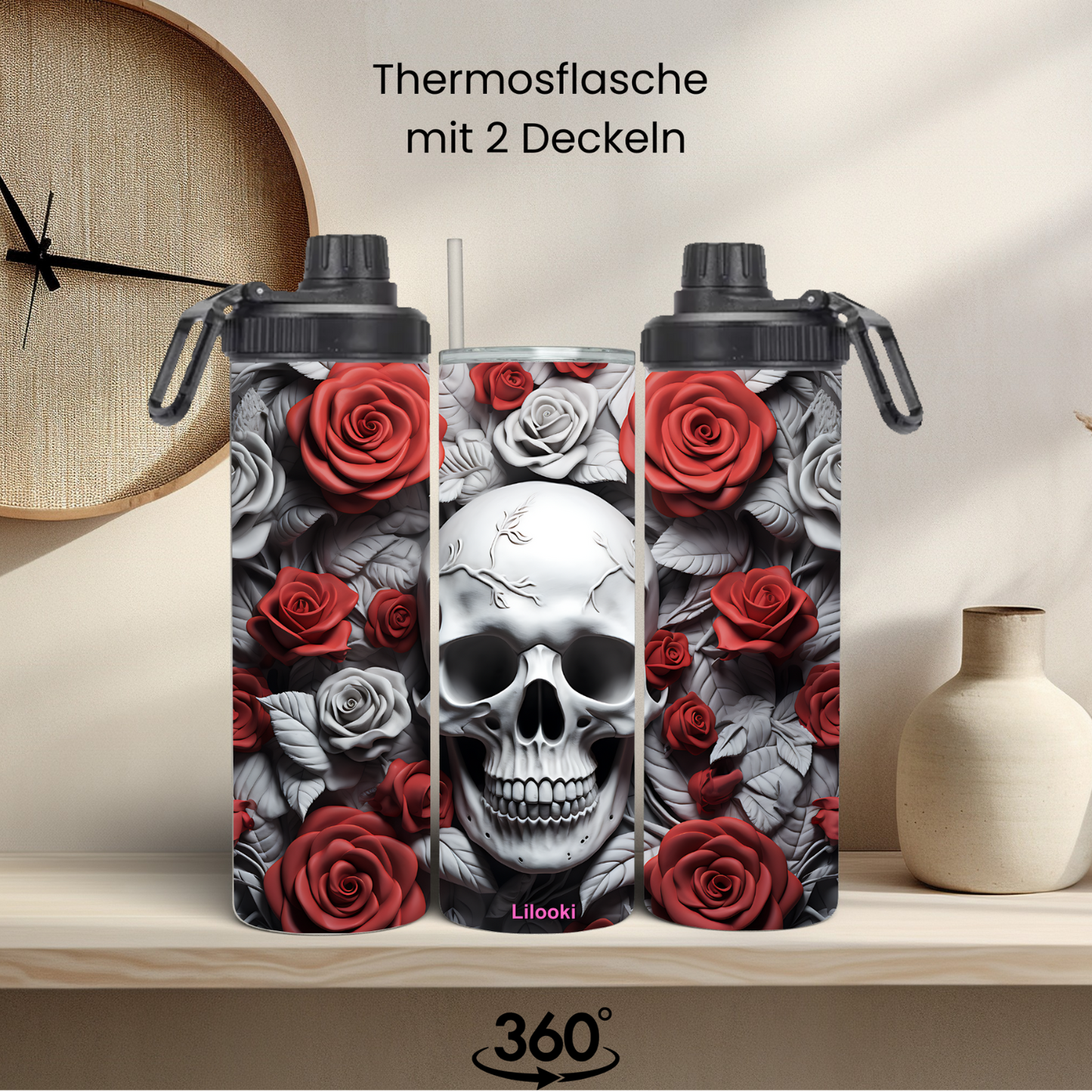 Tumbler / Thermosflasche mit Schraubverschluss - Skull mit Rosen
