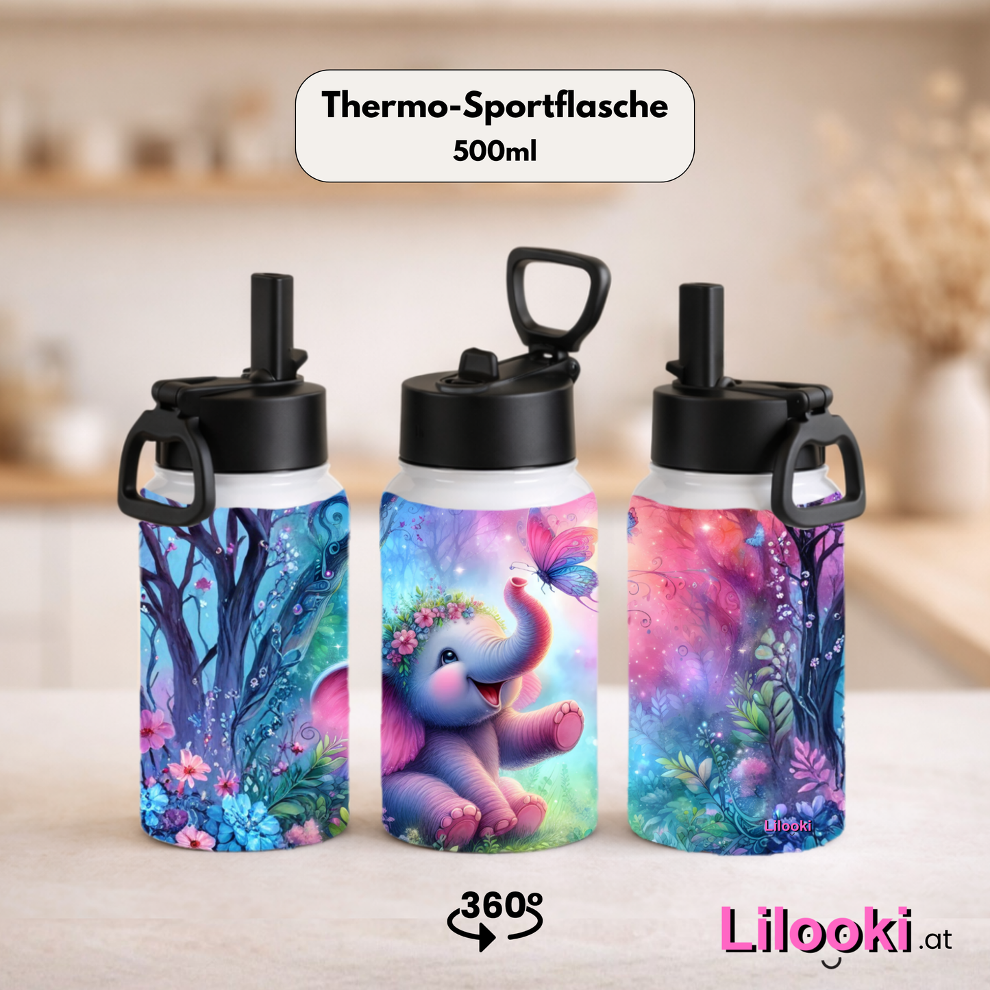Thermo-Sportflasche - Elefant mit Schmetterling