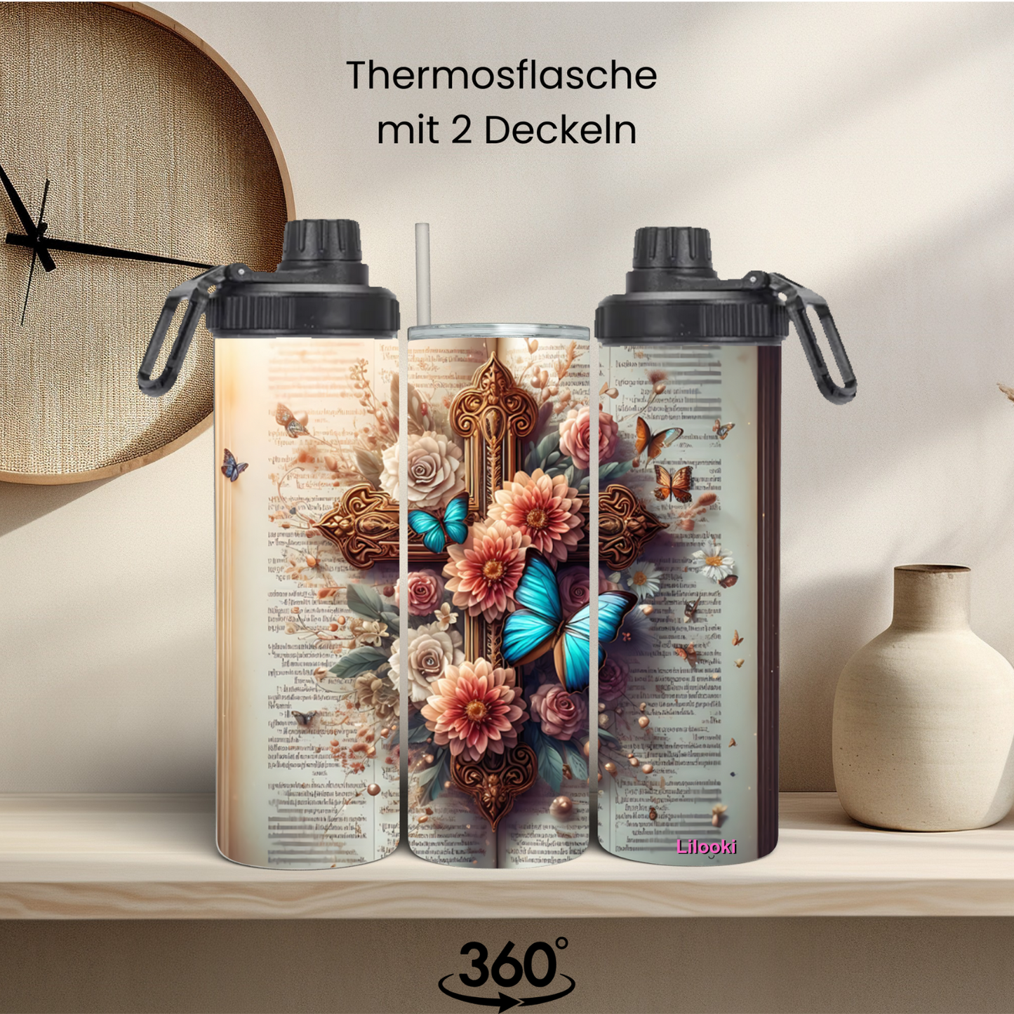 Tumbler / Thermosflasche mit Schraubverschluss - Buch mit Kreuz