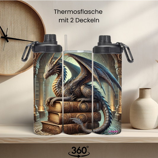 Tumbler / Thermosflasche mit Schraubverschluss - Drache auf Büchern