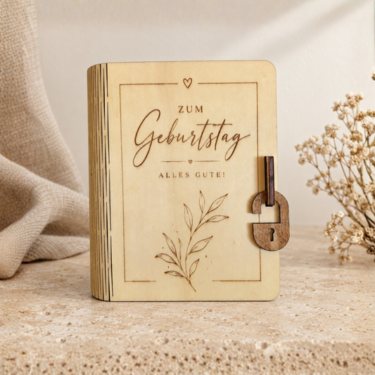 Geschenkbuch aus Holz zum Geburtstag – Geschenkbox in Buchform